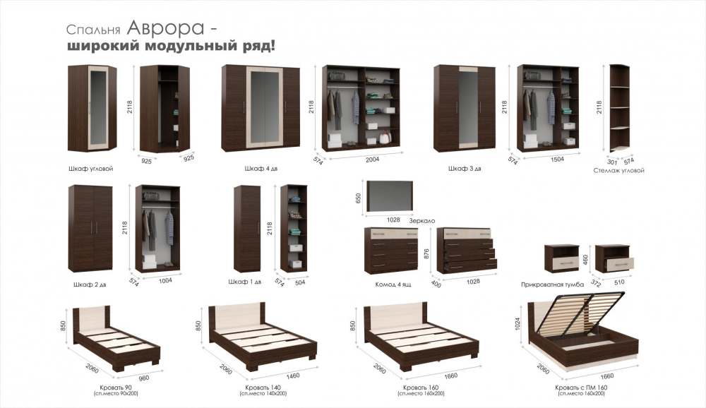 Модульная спальня «Аврора» Венге/Дуб молочный размеры